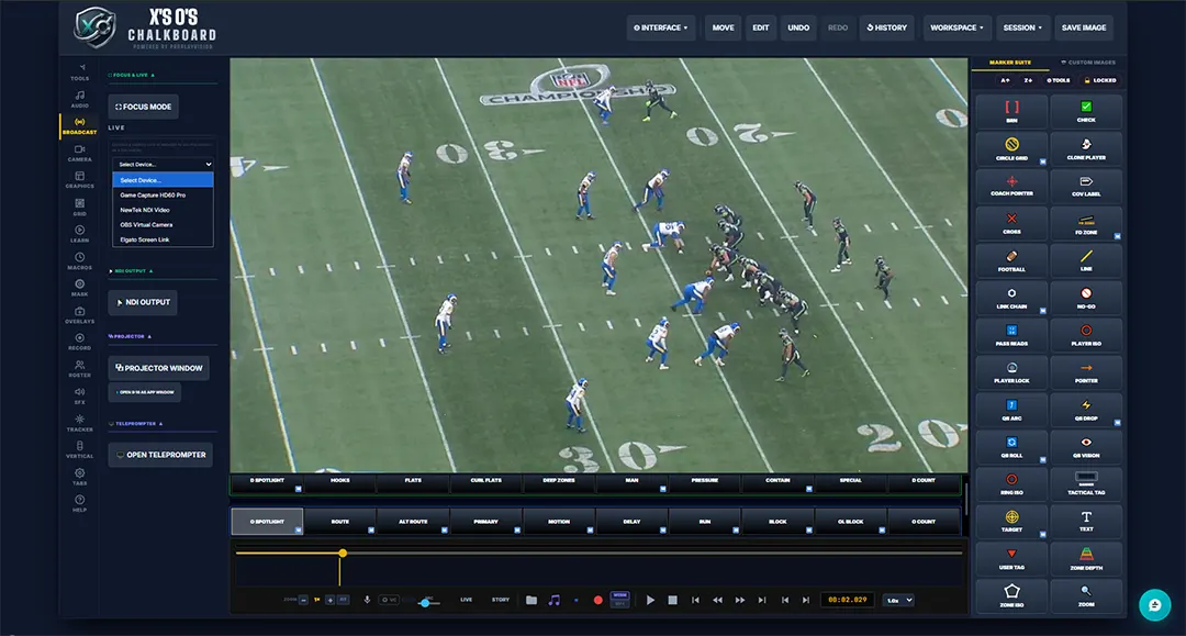 Pro Play Vision Broadcast tab showing OBS output controls, device capture selector, Projector Window, and Teleprompter options
