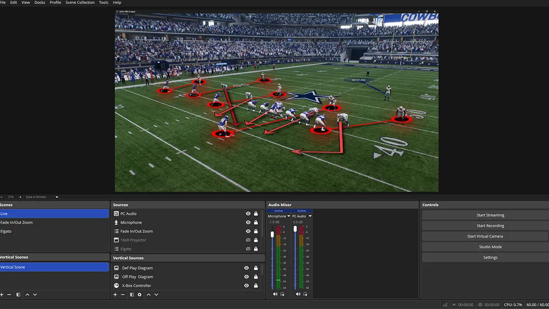 Pro Play Vision telestration overlay running live inside OBS Studio — showing coverage zones and player tracking on a Cowboys play