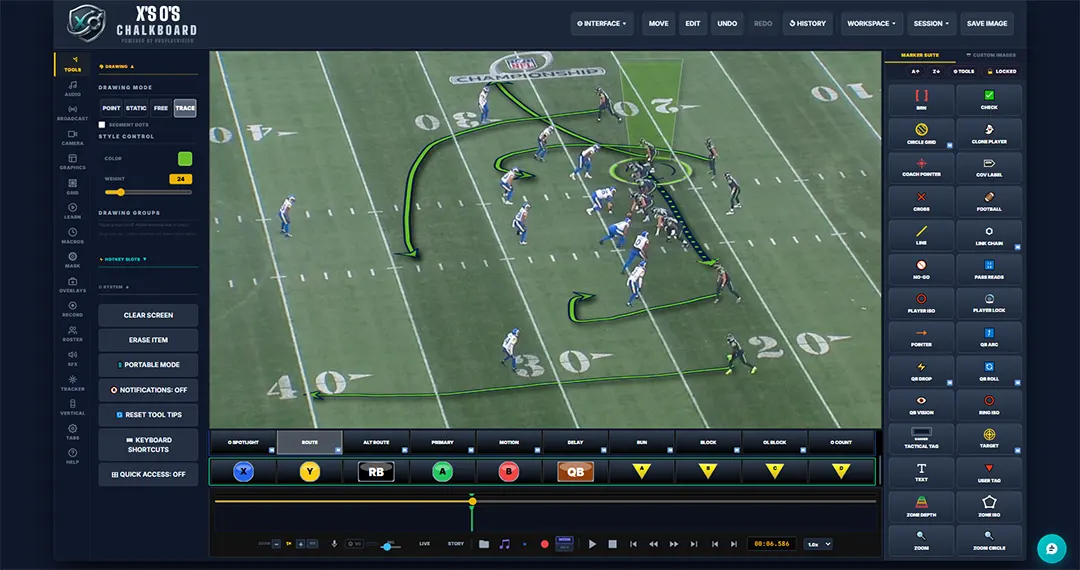 Pro Play Vision football telestrator showing a full pass play route breakdown with receiver routes drawn over NFL game footage