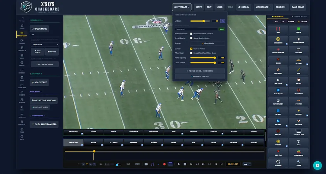 Pro Play Vision telestrator interface settings panel showing UI Scale, theme, panel opacity, and broadcast controls